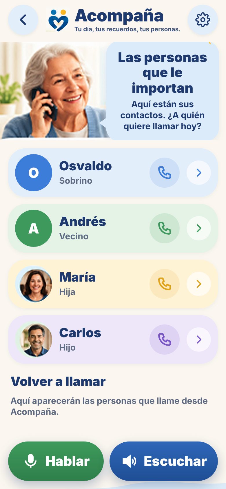 Mis personas, con foto y botón para llamar