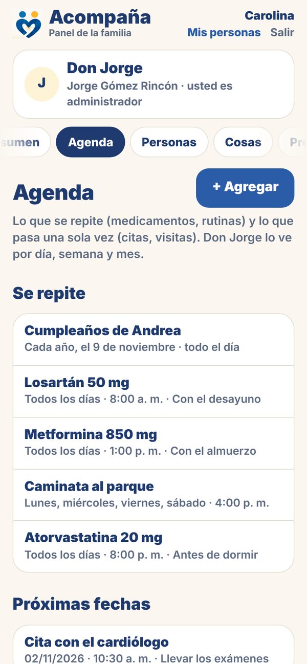 Agenda en el panel con medicamentos, rutinas y citas