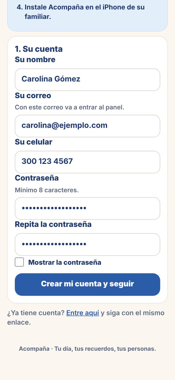 Formulario para crear la cuenta del cuidador